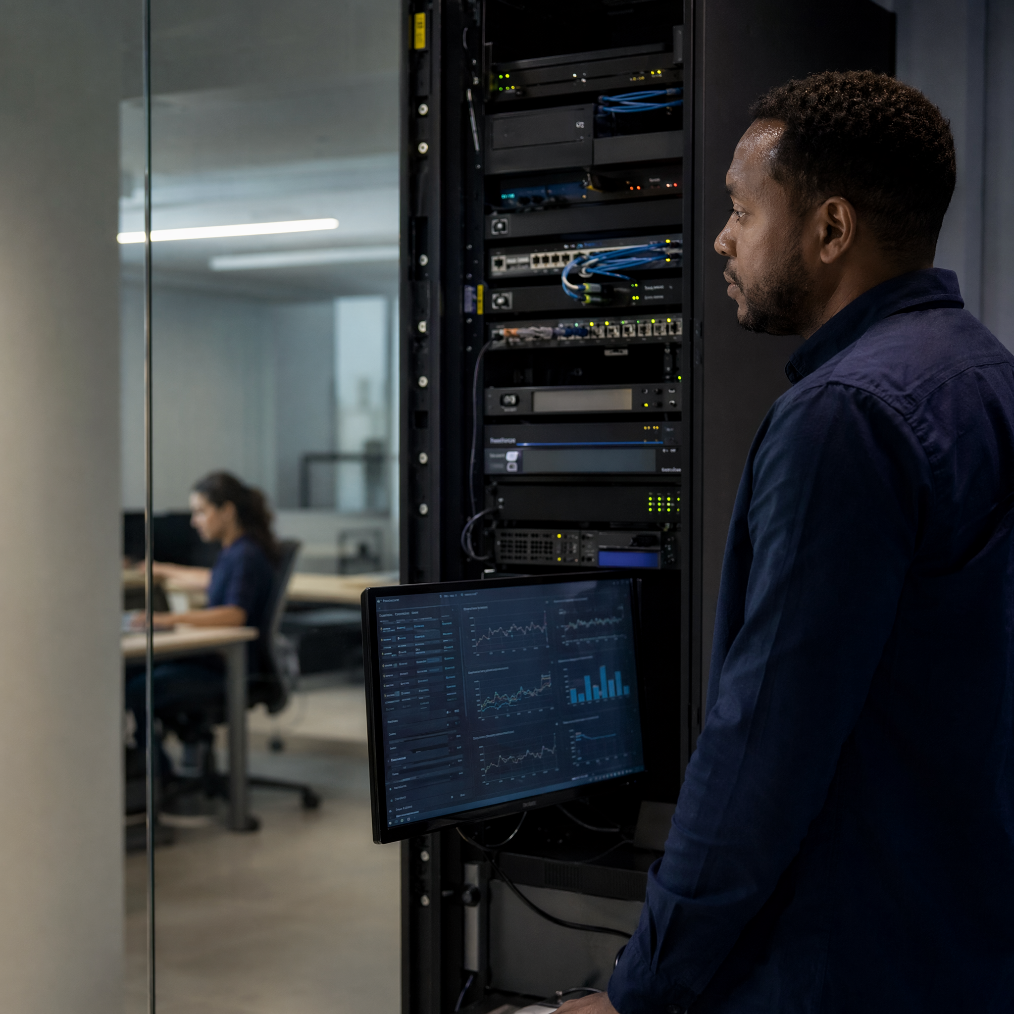 Profissional acompanhando sistemas em um data center