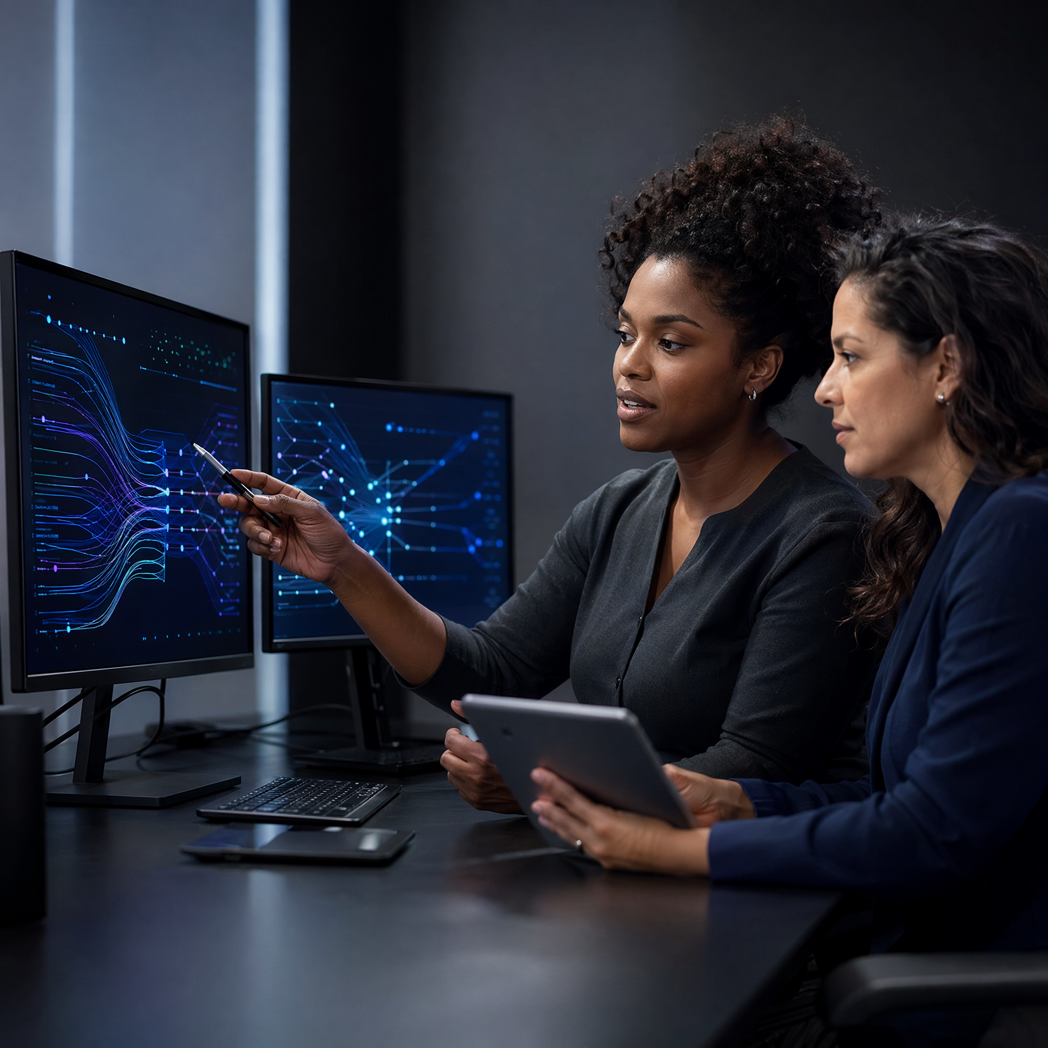 Duas pessoas analisando painéis de dados em telas